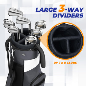 Sturdum Golf Stand Bag top view, shows 3-way divider access