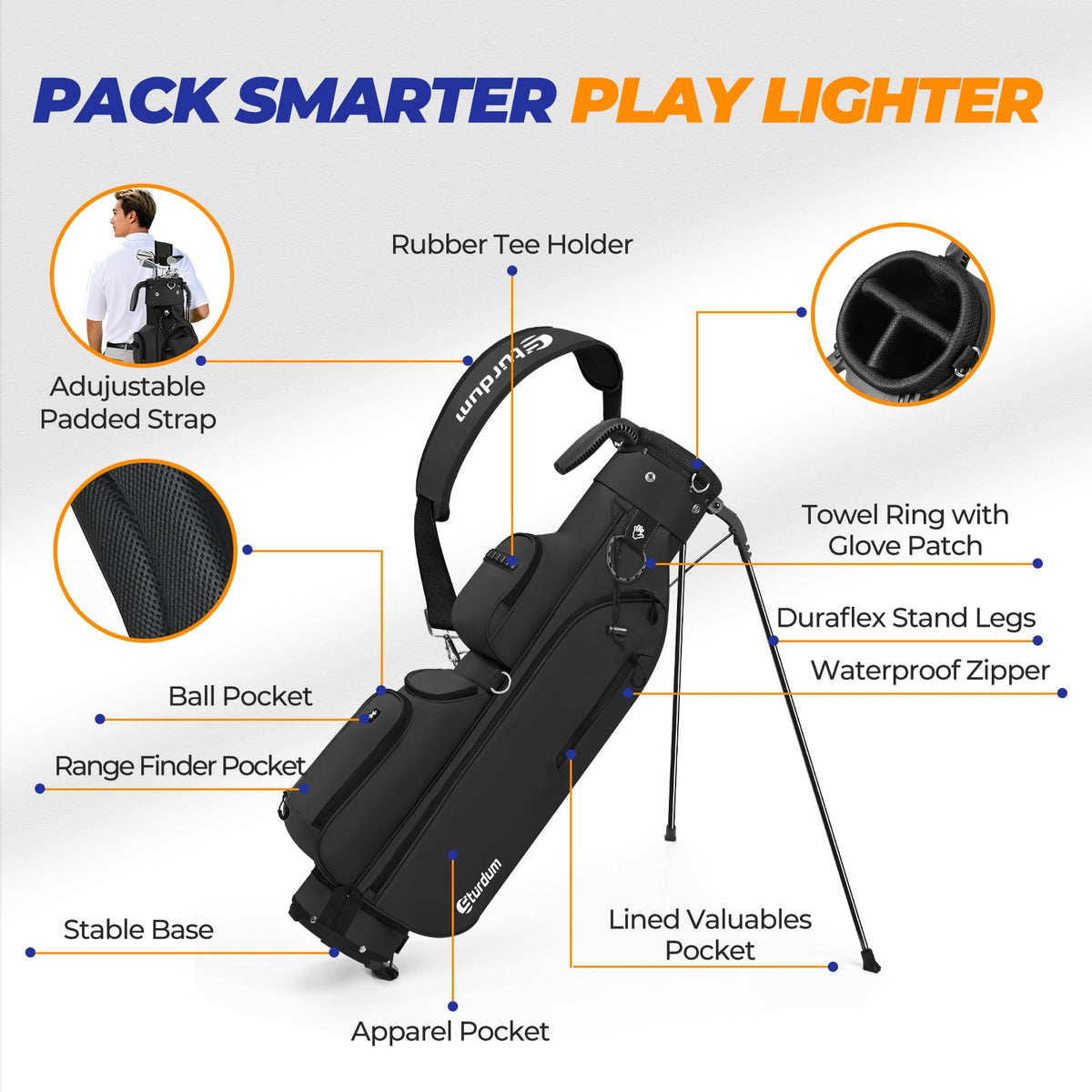 Sturdum velvet-lined pocket protects valuables during rounds while you play.