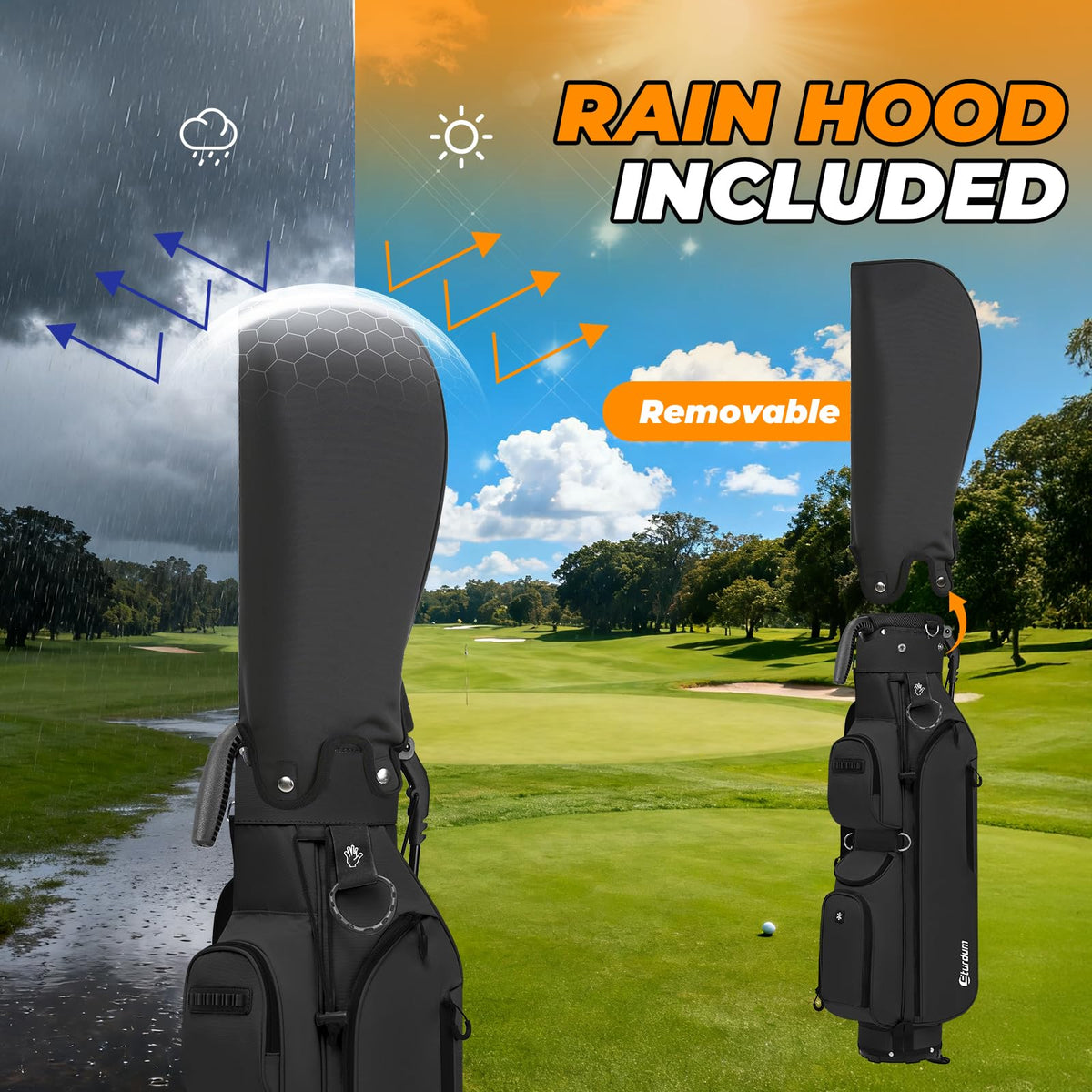 Sturdum weatherproof 900D fabric resists scratches and light rain on course.