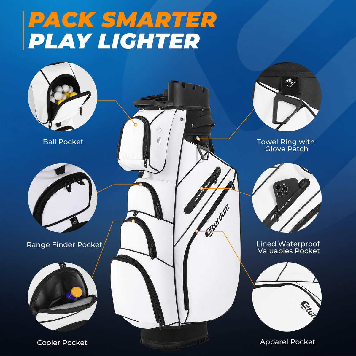 Sturdum T-Lock Golf Cart Bag with cooler and valuables pockets for easy access