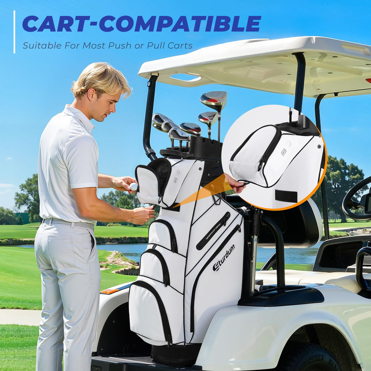 Sturdum T-Lock Golf Cart Bag triple top handles for easy loading