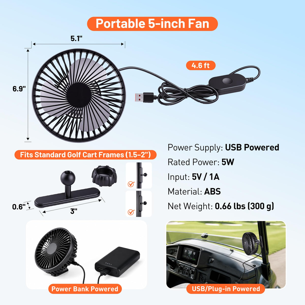 Subtoy golf cart fan in use, USB powered for quick breeze on long rounds.