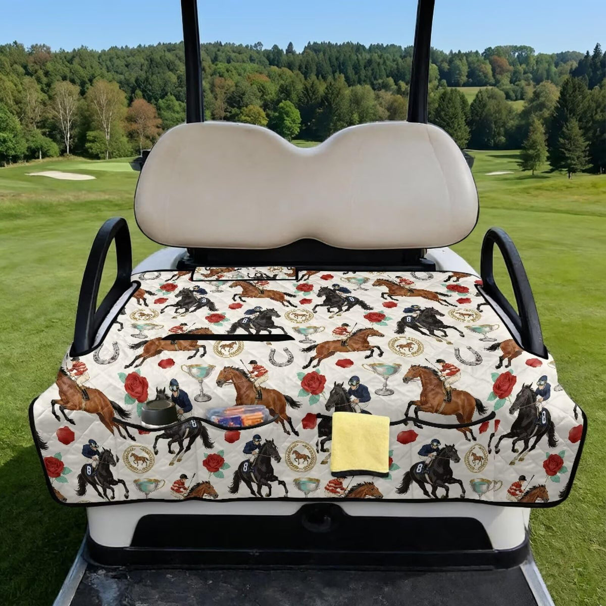 Suhoaziia golf cart seat cover with four front pockets for tees and essentials