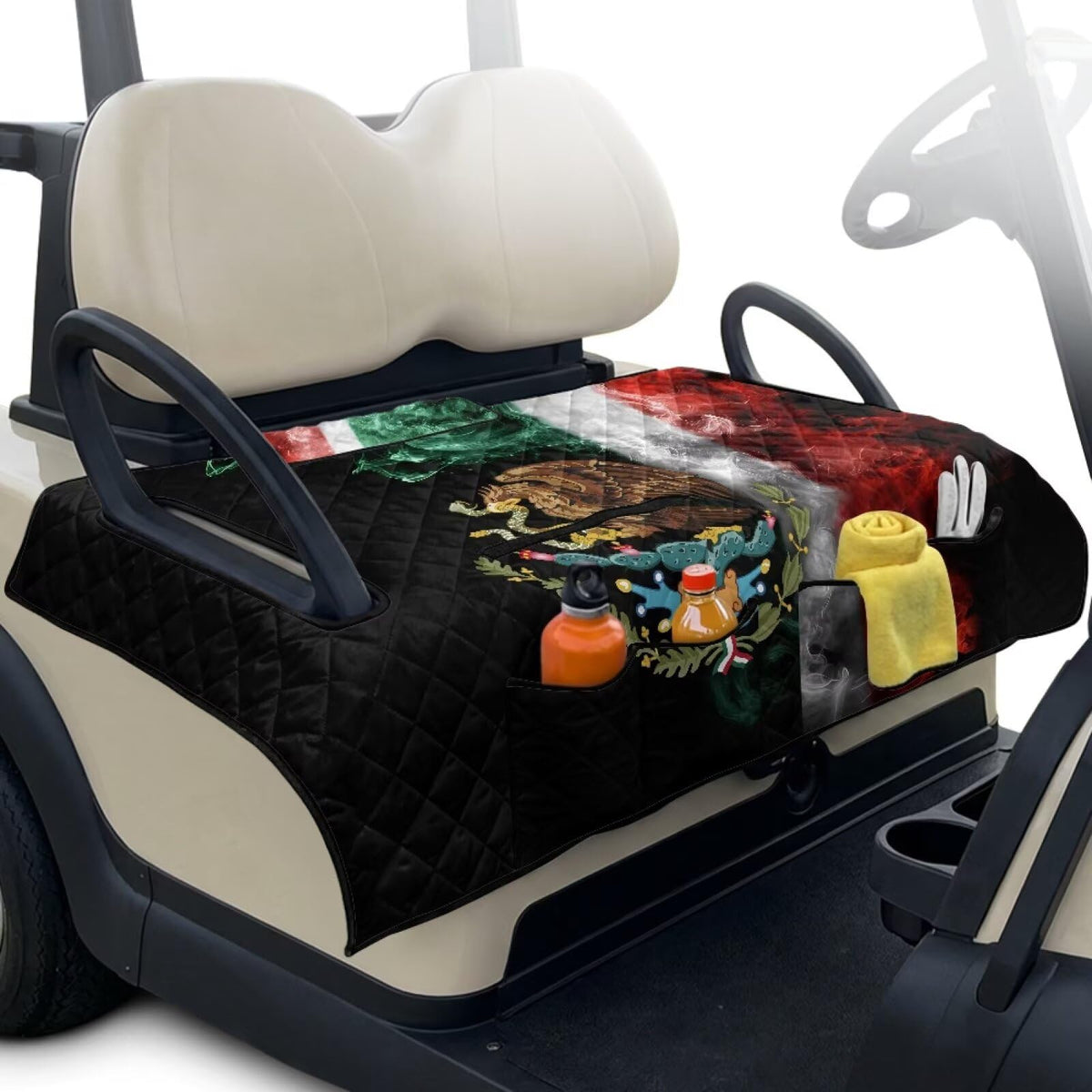 Suhoaziia golf cart seat cover with four front pockets for organized gear on the course