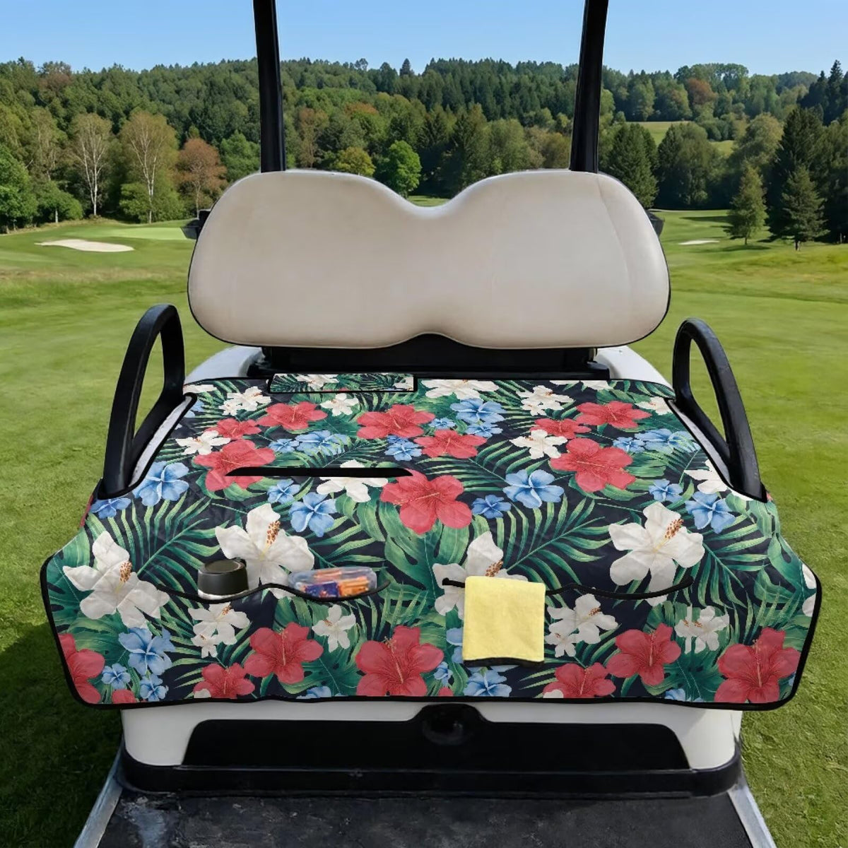 Close-up of front pockets demonstrating organized storage for tees and sunglasses.