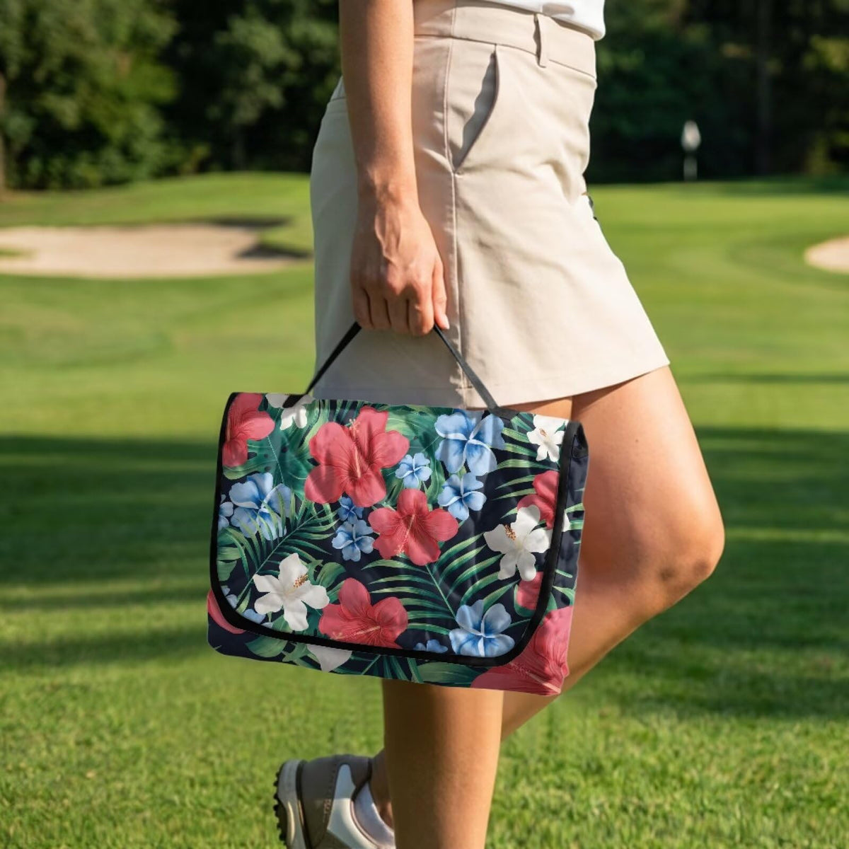 Hawaiian hibiscus pattern adds tropical style for sunny golf trips.