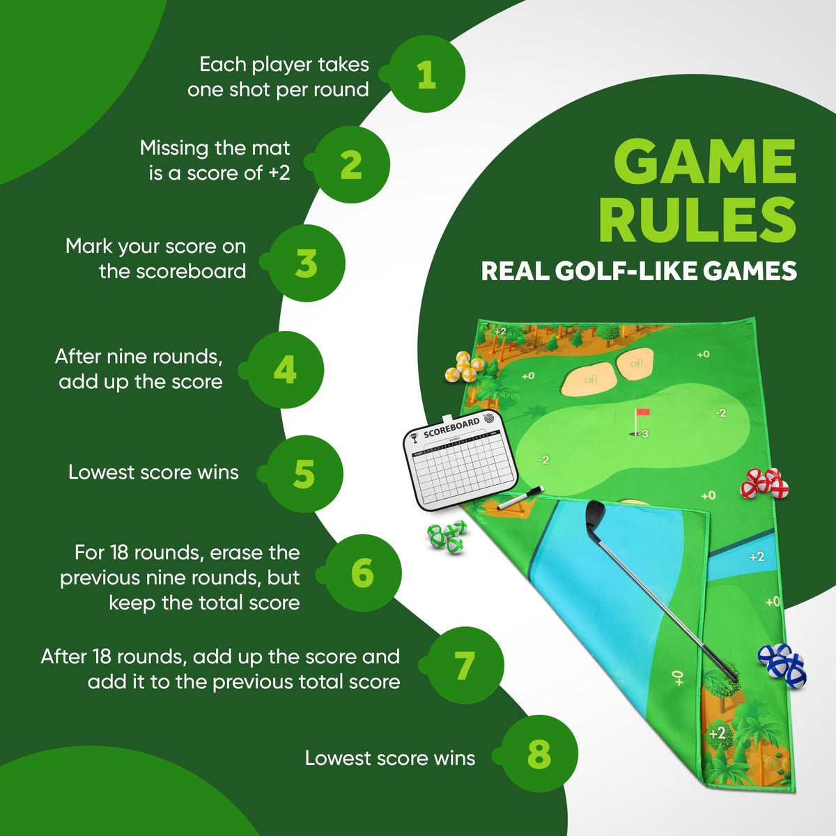 SuiMono Battle Golf Game adjustable-height clubs for all ages.