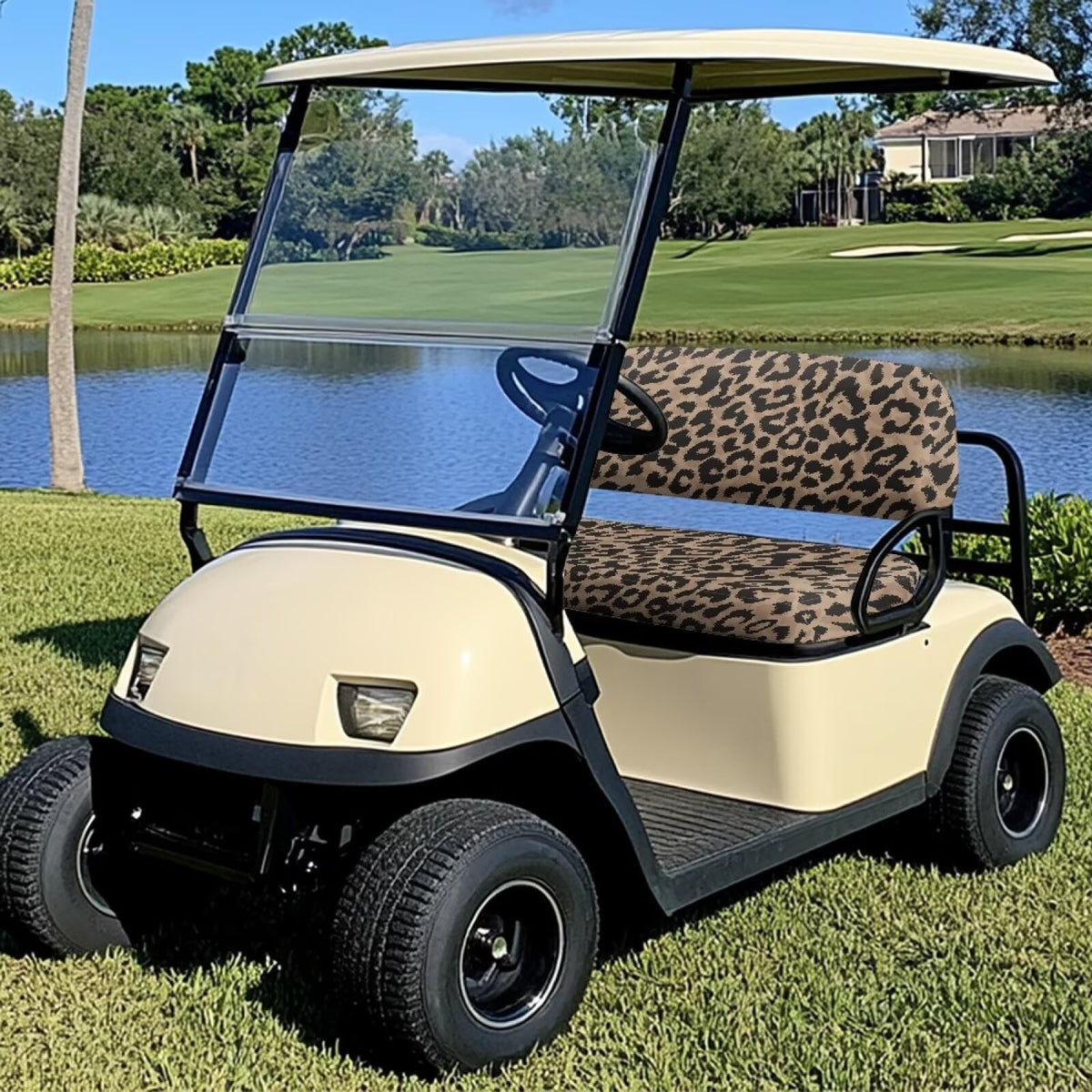SUITOSELFY brown leopard seat cover back view shows cohesive 2-piece set
