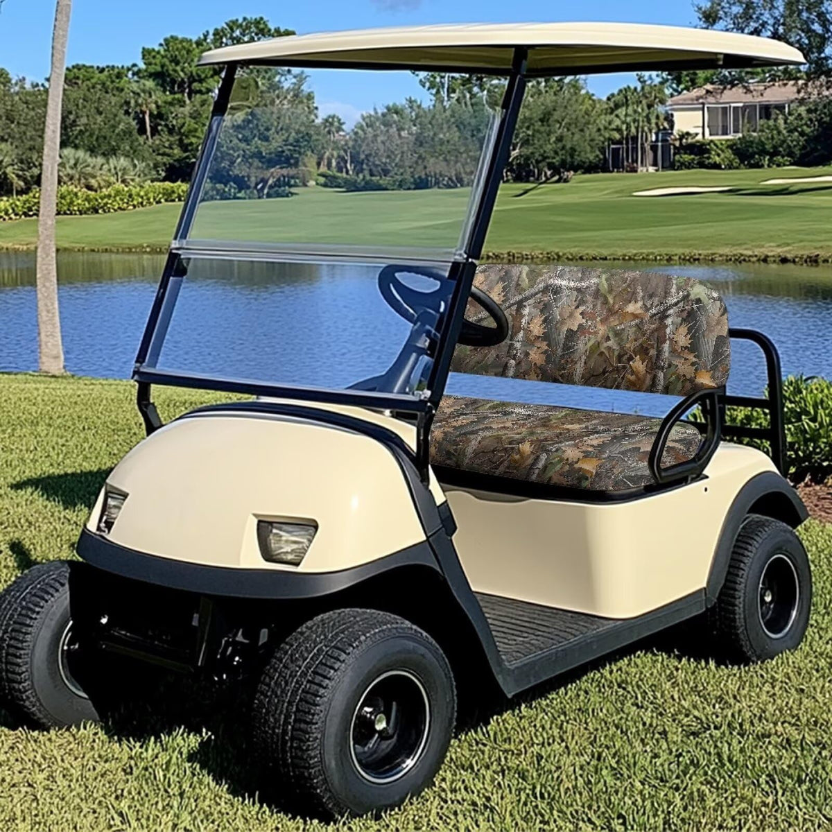 SUITOSELFY camo backrest cover shows durable stretch fabric for year-round comfort.