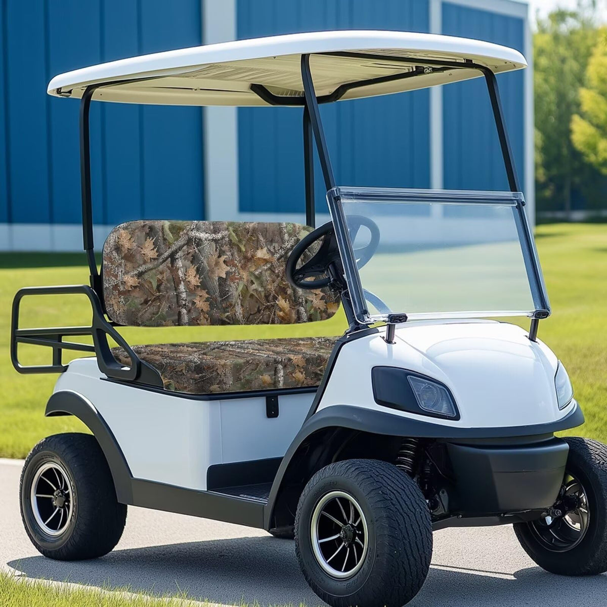 Elastic-edge SUITOSELFY camo seat cover installs quickly on most carts.
