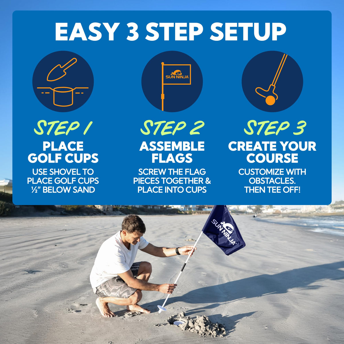 SUN NINJA sand shovel in use for quick hole setup on the sand