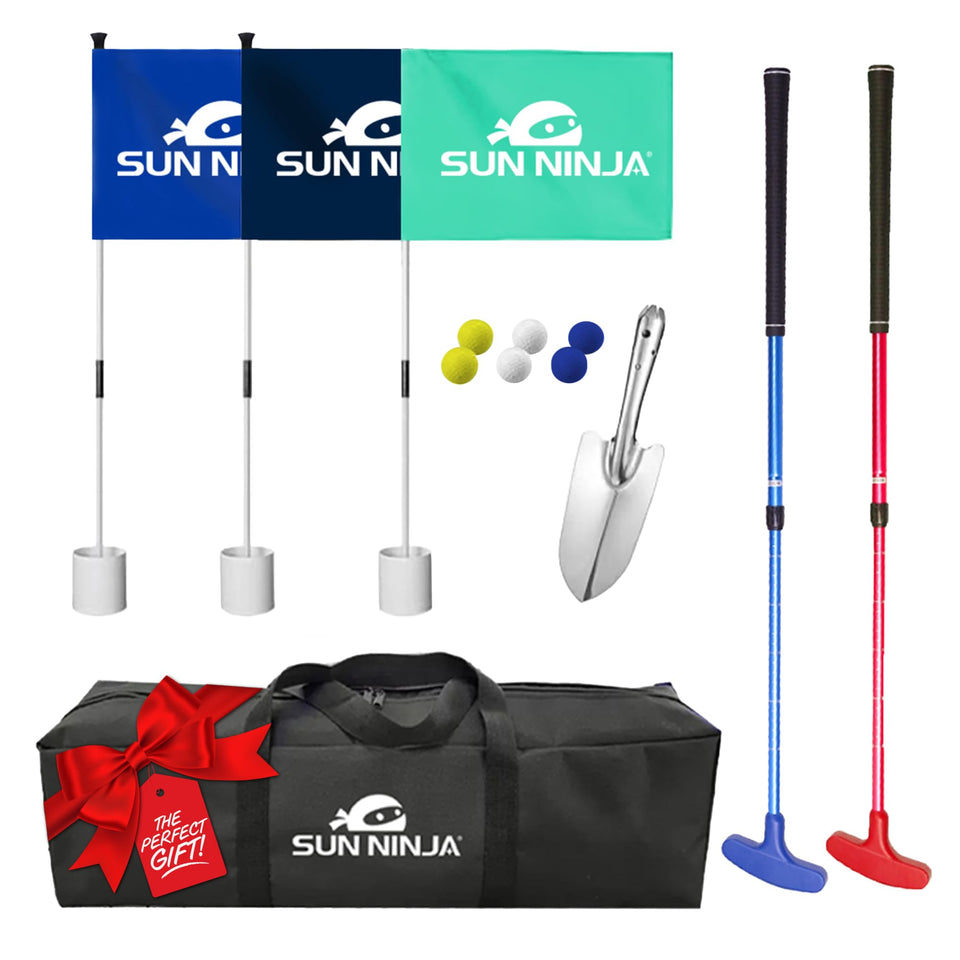 SUN NINJA Beach Golf Set on low-tide sand ready for precise putting practice