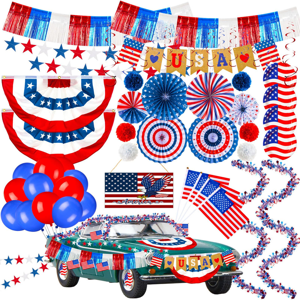Suncalla 63-Piece kit star ribbon garland adds bright patriotic flair.