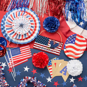 Suncalla patriotic tinsel garlands sparkle on vehicles during parades.
