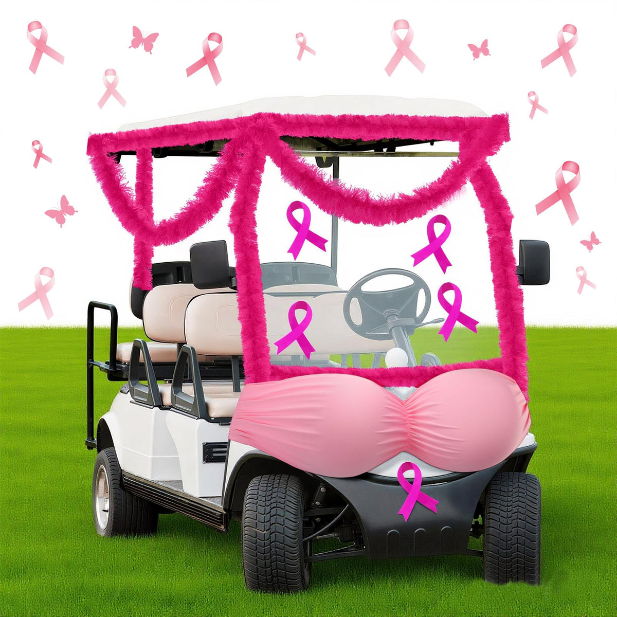 Suncalla breast cancer awareness bra decoration on golf cart for visibility at events
