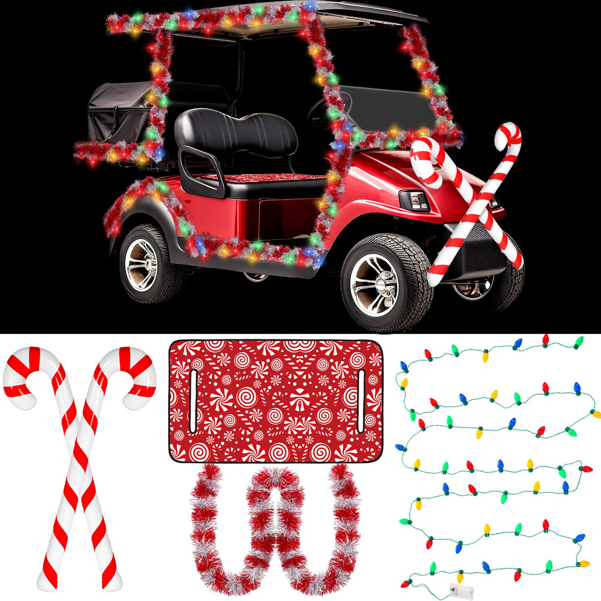 Suncalla seat cover on a golf cart for a festive look