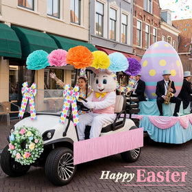 Suncalla Easter tinsel garland enhances outdoor parade display