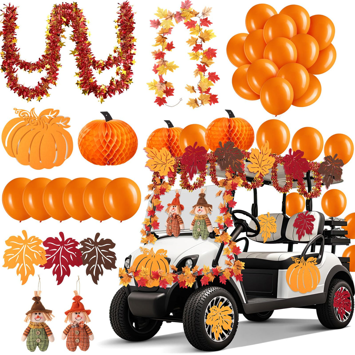 Suncalla festival scarecrows hanging decor on golf cart for festive parades