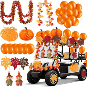 Suncalla festival scarecrows hanging decor on golf cart for festive parades