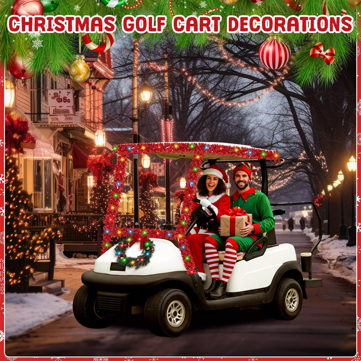 Suncalla 32.8 ft garland provides continuous festive accents on the golf cart
