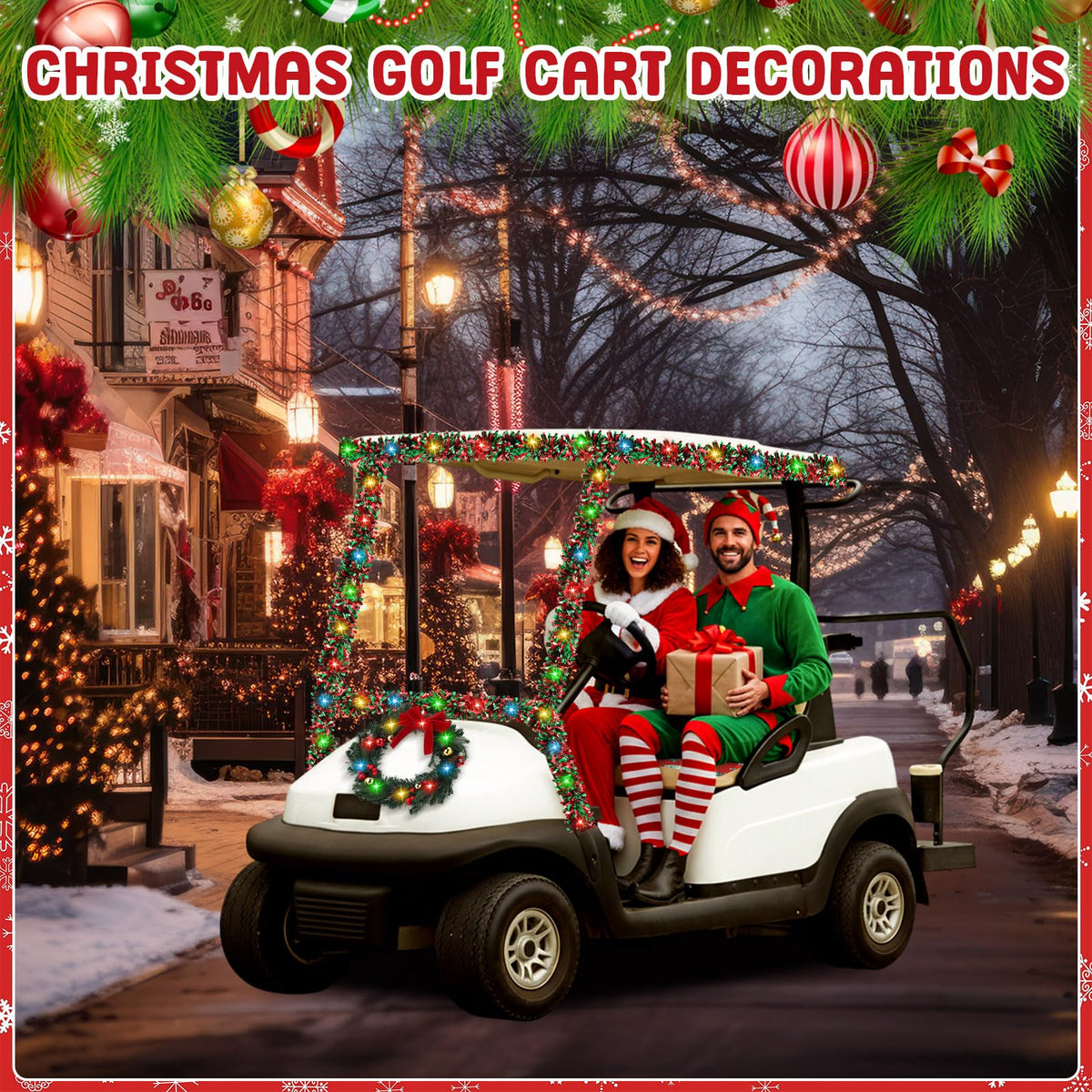 Suncalla 32 ft garland creates a lush, continuous festive frame around the cart.