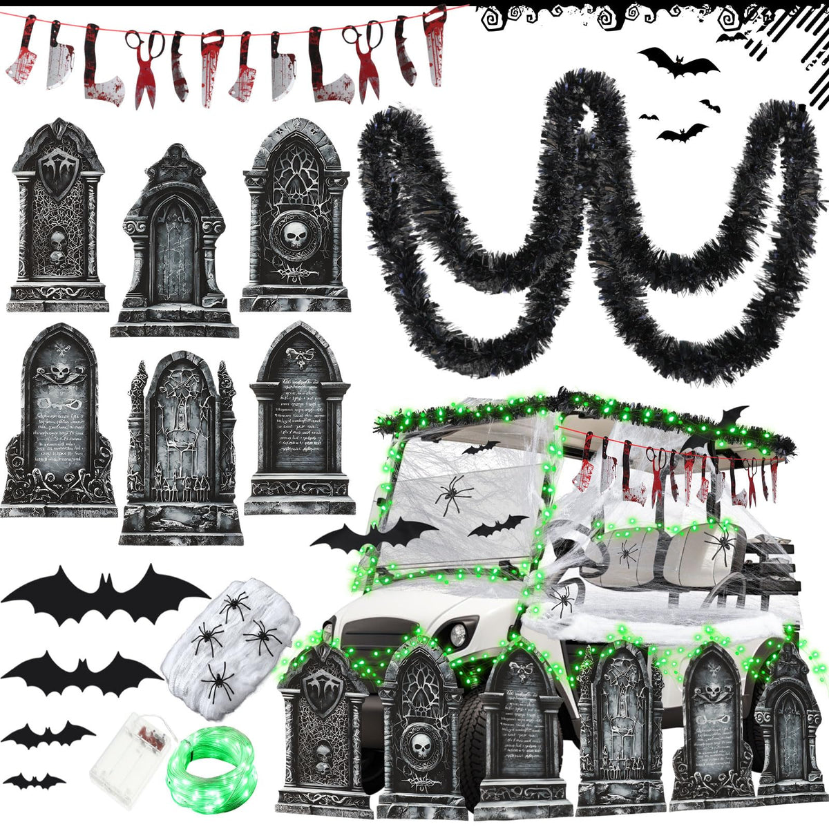 Suncalla black tinsel garlands frame the golf cart with Halloween flair