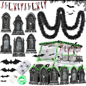 Suncalla black tinsel garlands frame the golf cart with Halloween flair