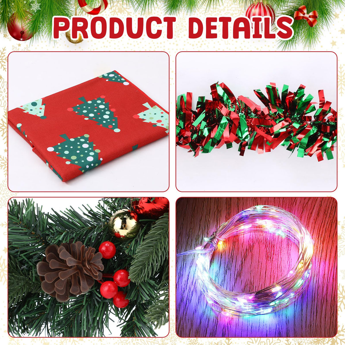 Suncalla red and green tinsel wreath adds bright holiday color to your cart.