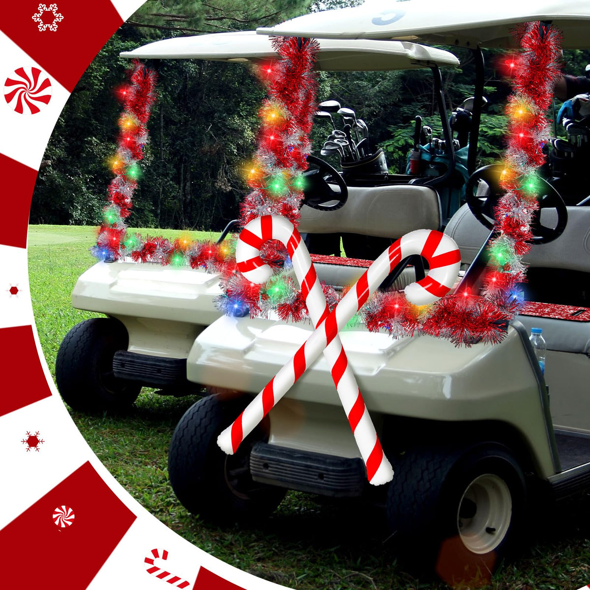 Suncalla red and silver tinsel garland adds sparkle to the cart
