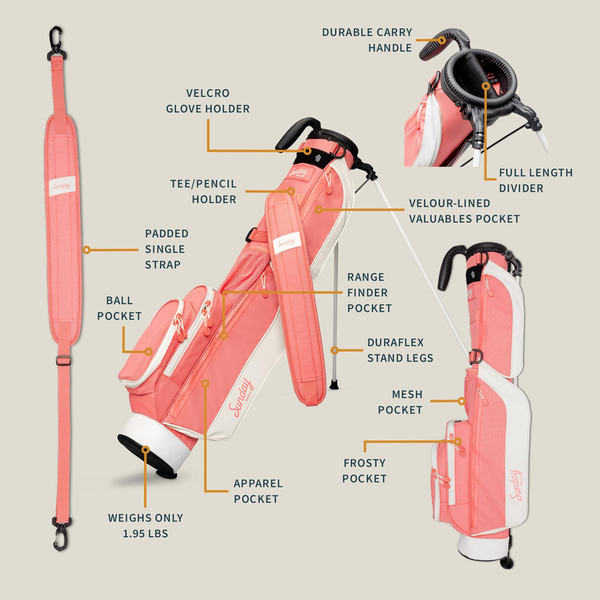 Sunday Golf Loma Bag side view highlights compact, trunk-friendly design for transport.