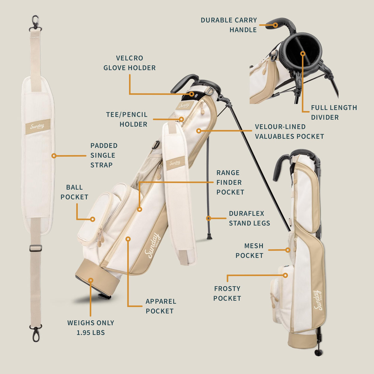 Sunday Golf Loma Bag side view highlights slim profile for easy trunk storage