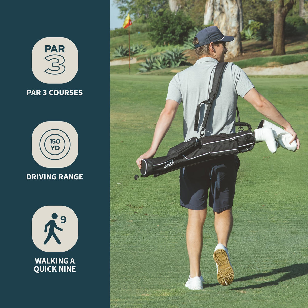 Sunday Golf pitch and putt bag supports six to seven clubs for executive rounds.