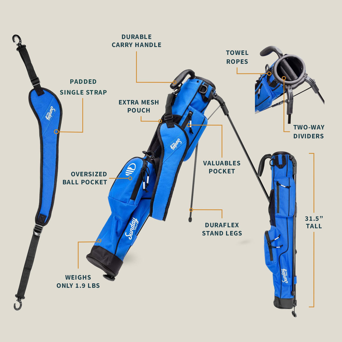 Sunday Golf stand bag compact design fits up to six clubs for quick rounds
