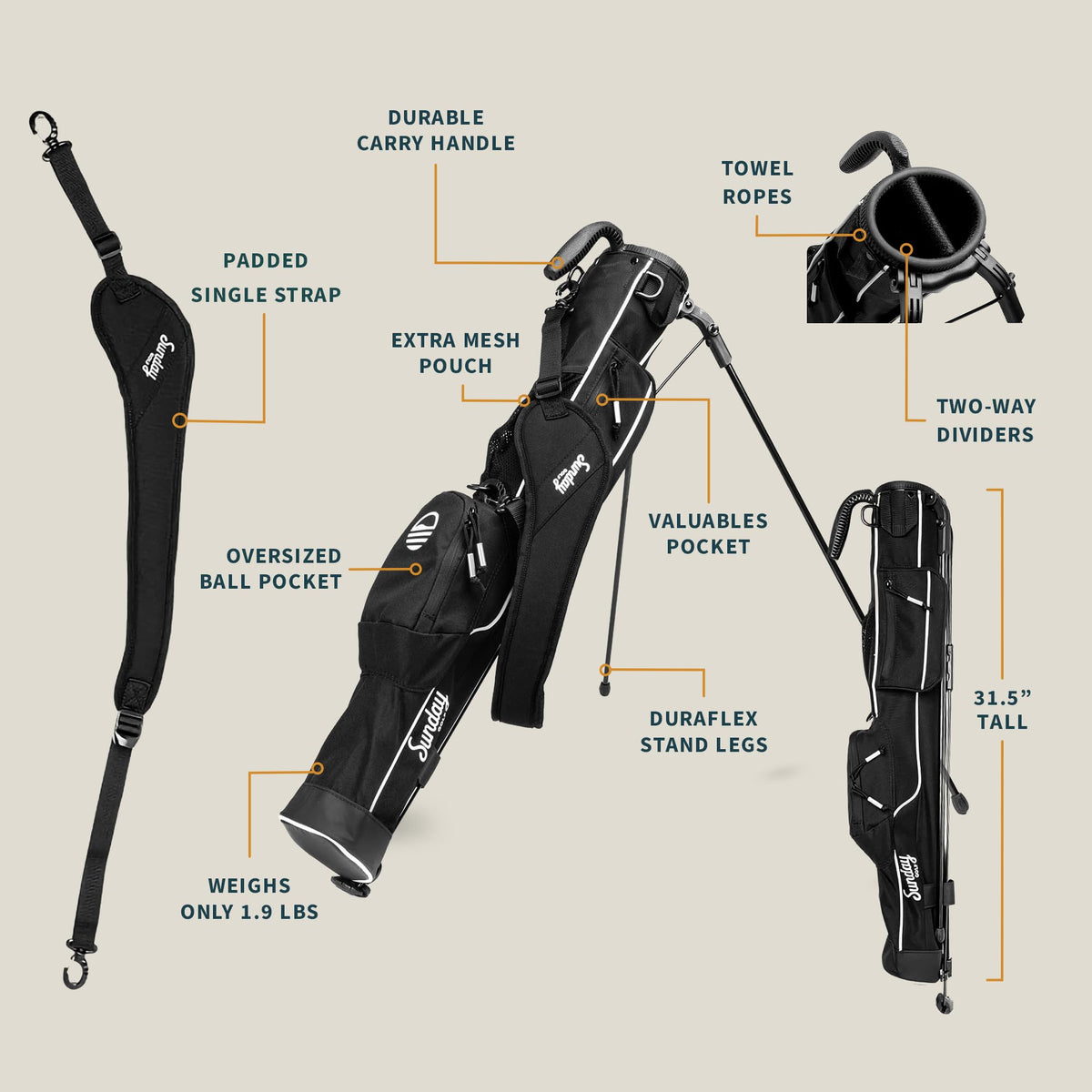 Sunday Golf stand bag with velour valuables pocket showing safe storage.