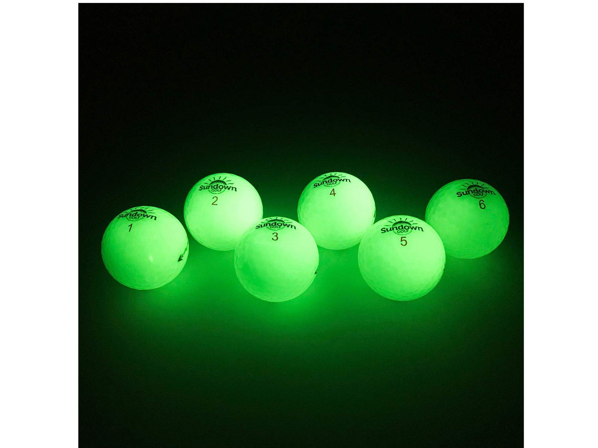 SUNDOWN GOLF glow ball 6-pack, ideal for dusk rounds and easy visibility.