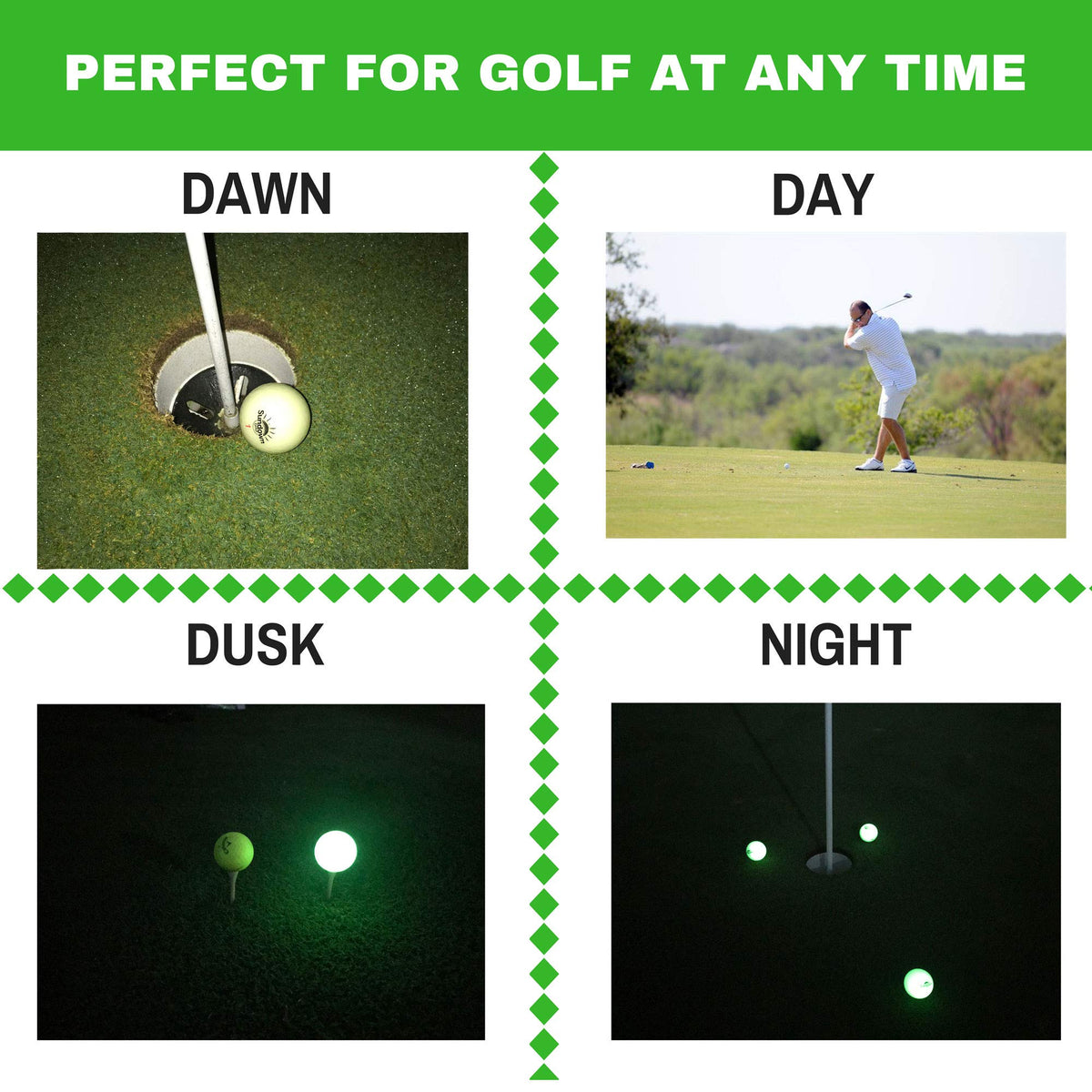 SUNDOWN GOLF glow ball soft urethane feel mirrors standard golf balls.