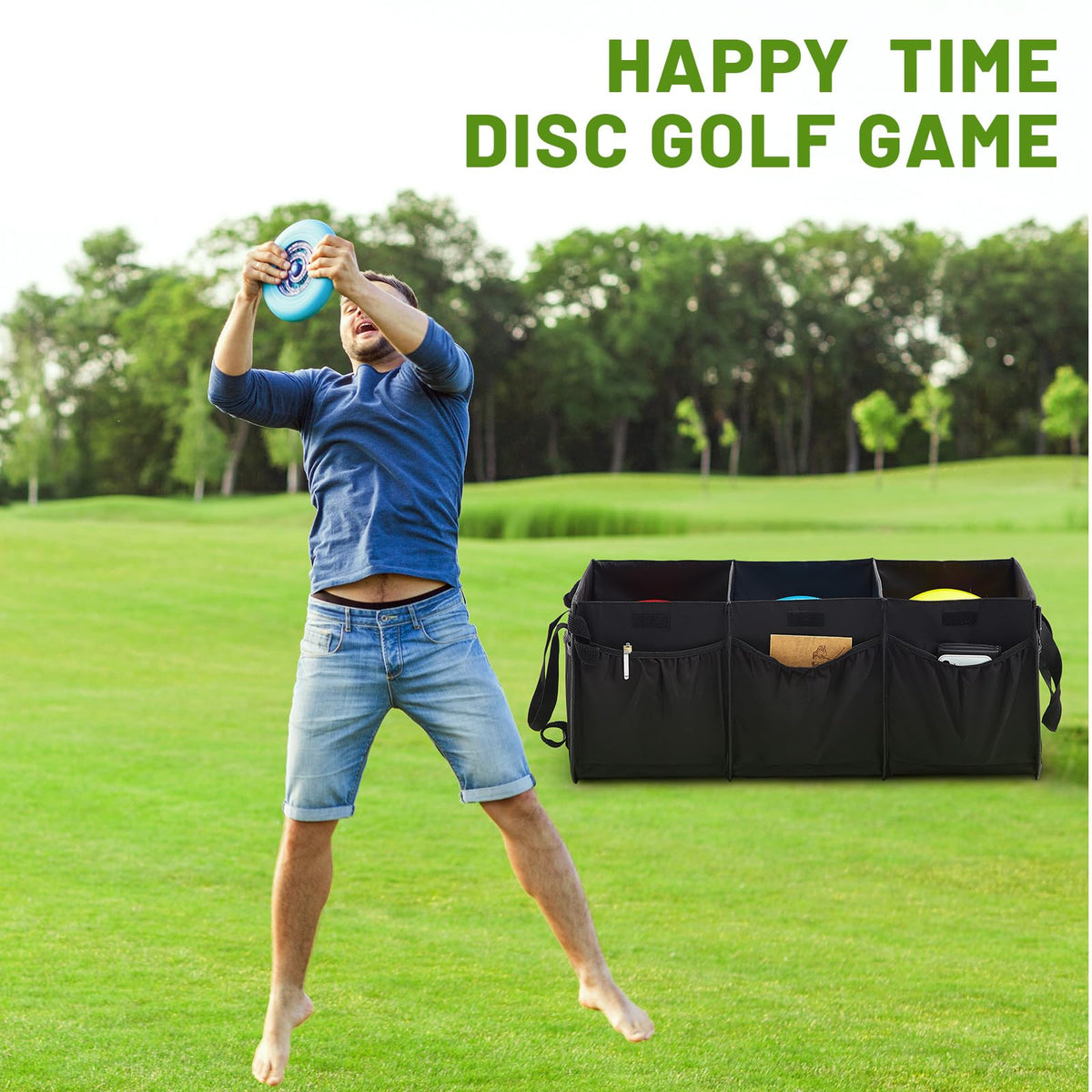 Sunnymove storage bag folded compact for easy transport between car and course.