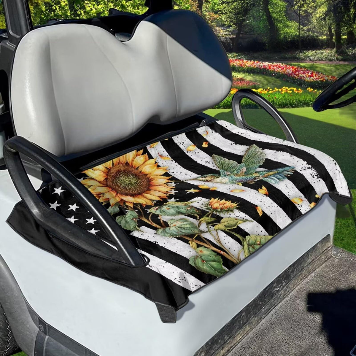 Suobstales seat cover with American flag hummingbird sunflower print, front view, adds style and protection.