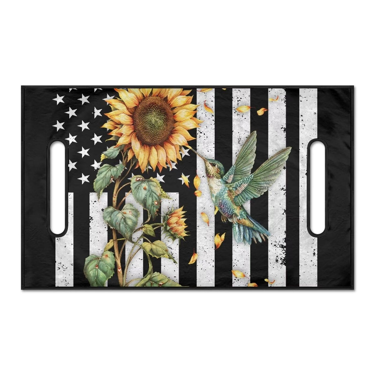 Close detail of Suobstales seat cover pattern featuring patriotic hummingbird and sunflowers.