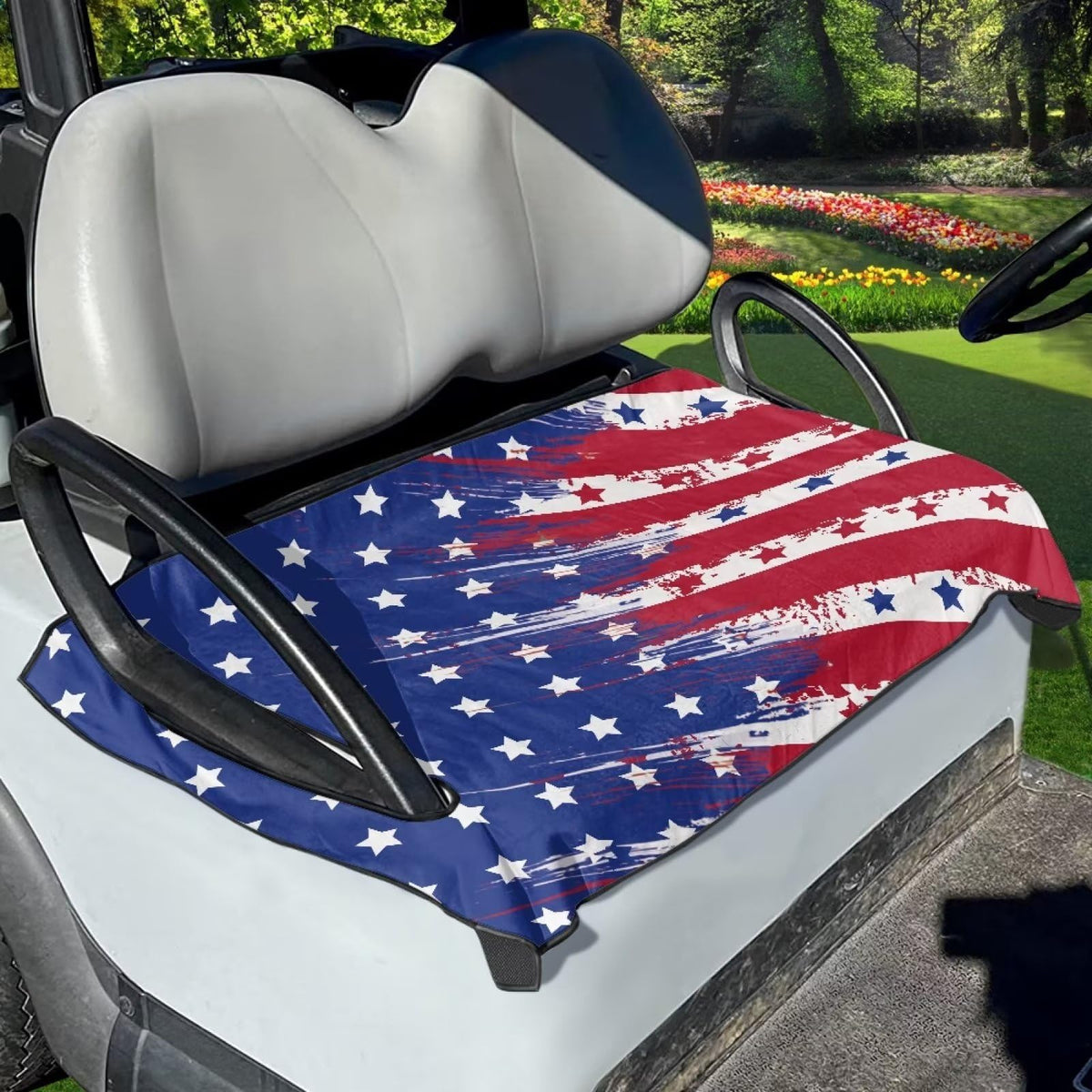 Suobstales American flag print golf cart seat cover enhances style while protecting seats.