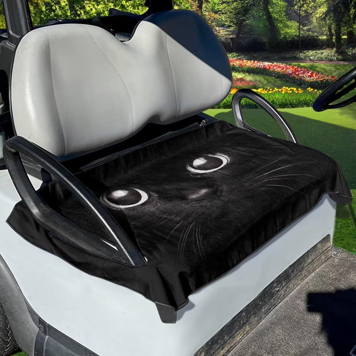 Suobstales Black Cat Print Seat Cover offers stylish protection for golf cart seats.