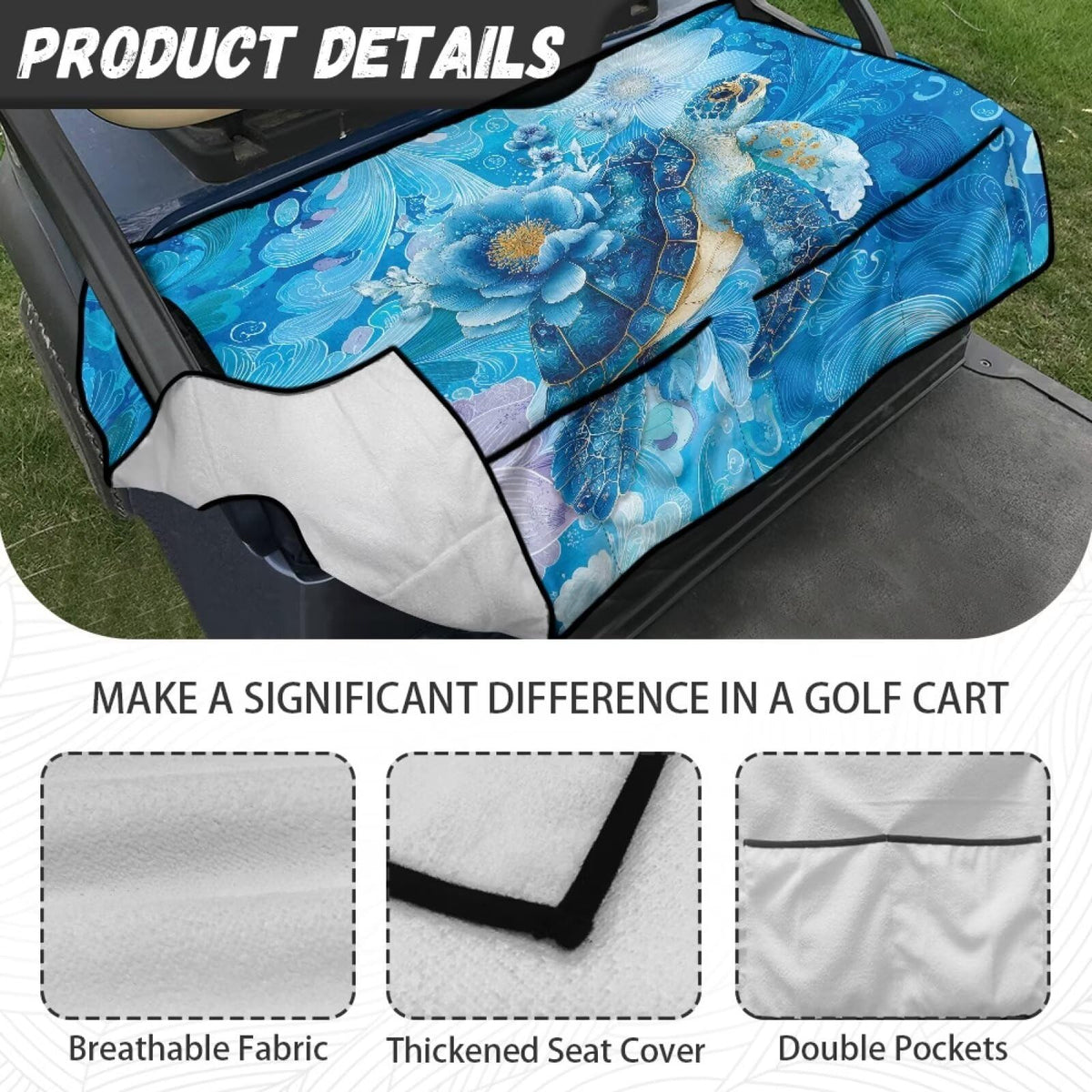 Suobstales Blue Turtle Flower Seat Cover back view demonstrating secure fit
