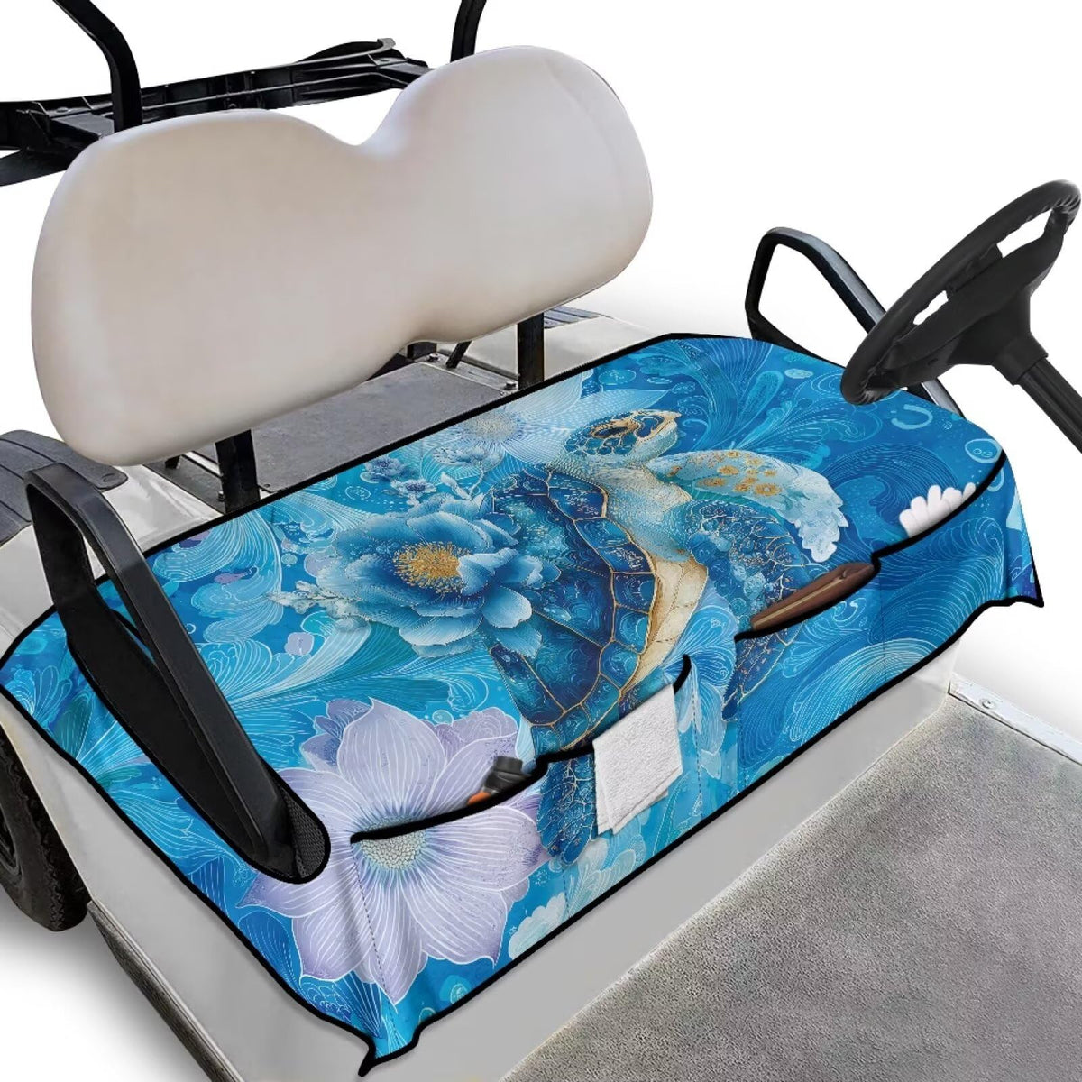 Suobstales Blue Turtle Flower Seat Cover front view showing all-weather fit for 2-seat carts