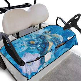 Suobstales Blue Turtle Flower Seat Cover front view showing all-weather fit for 2-seat carts
