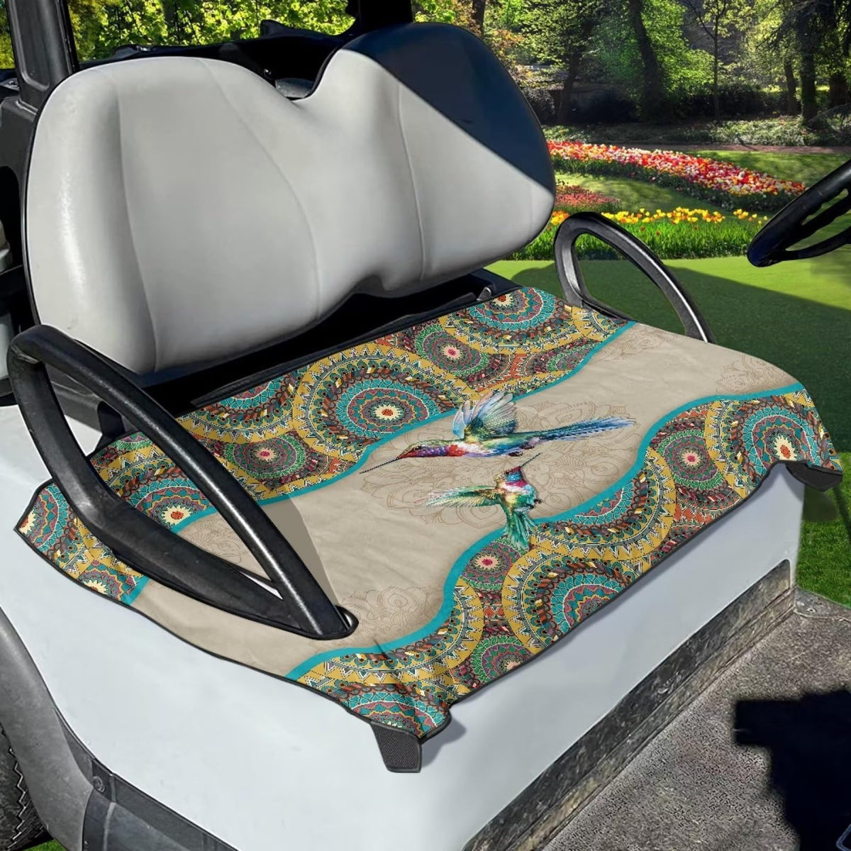 Suobstales Boho Mandala Hummingbird seat cover front view protects seat from dust