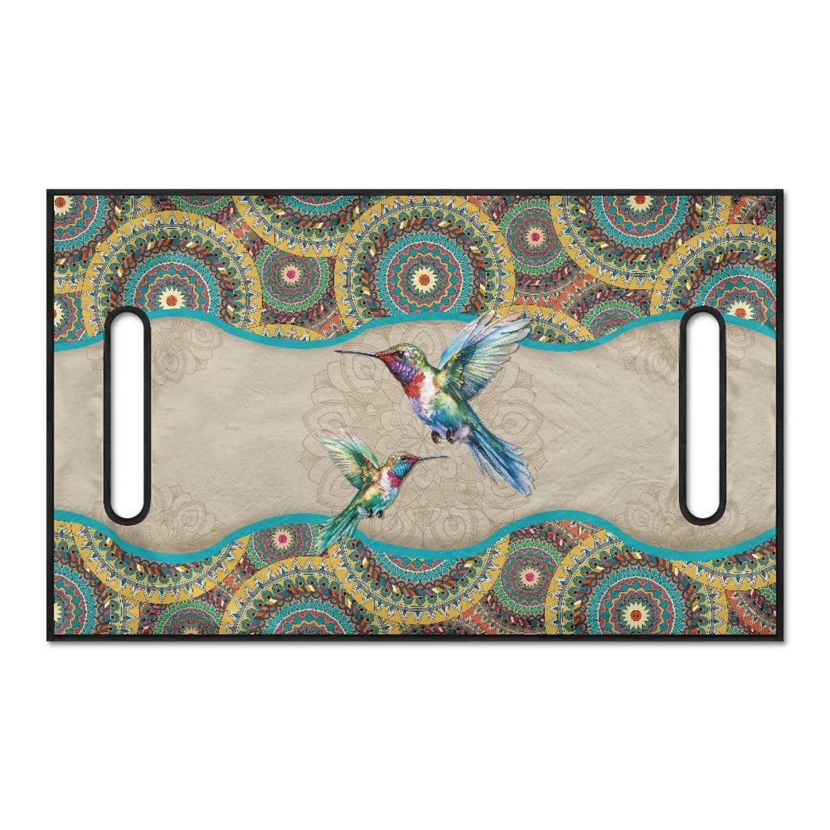 Suobstales Boho Mandala Hummingbird seat cover side installation on golf cart