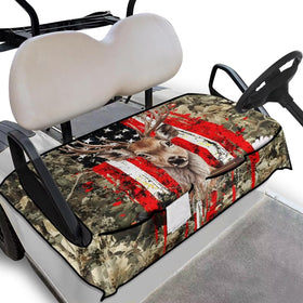 Suobstales deer camo seat cover on a golf cart, full view showing coverage.