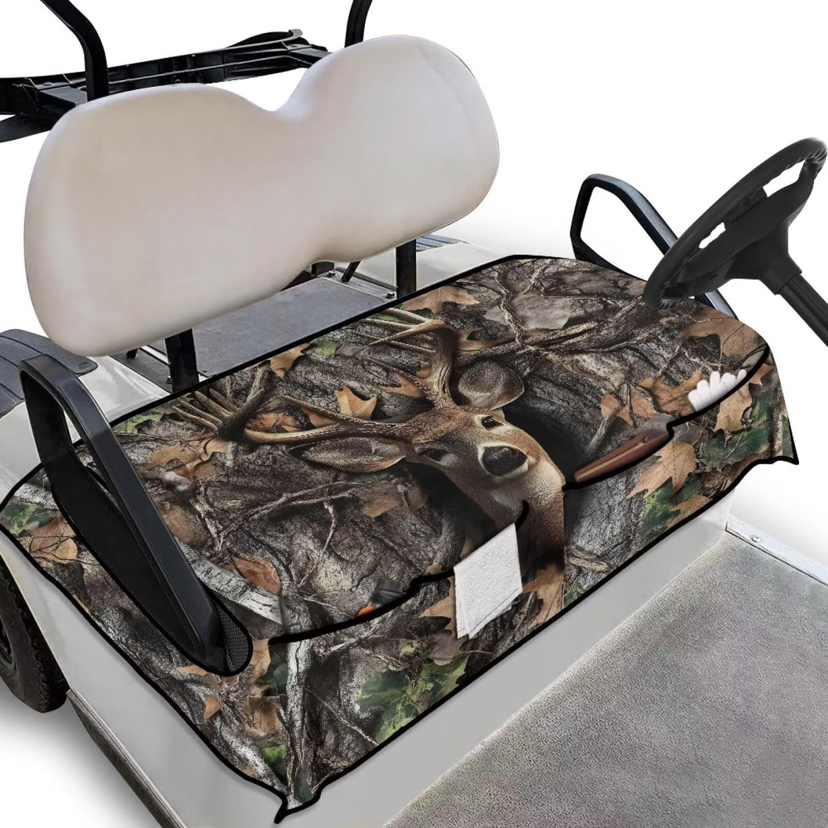 Suobstales deer hunting camo seat cover provides comfort and protection on the golf cart