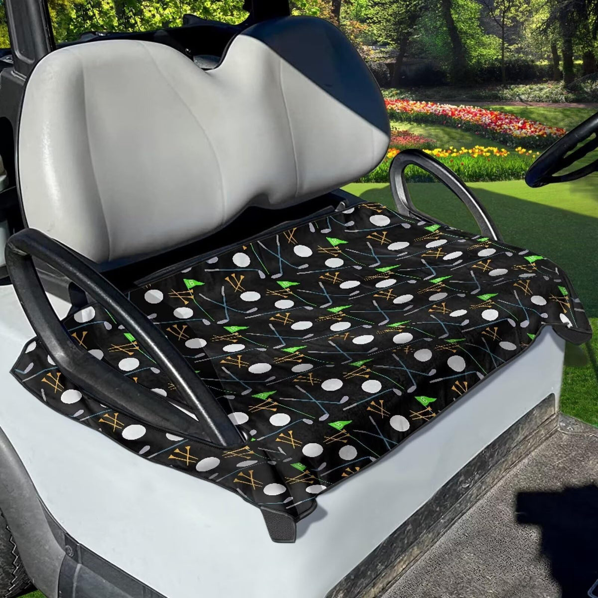 Suobstales golf ball pattern seat cover front view with breathable fabric for comfort.