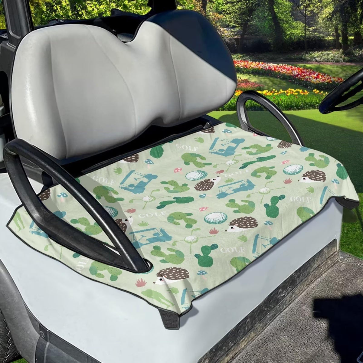 Suobstales golf cart seat cover with cactus pattern protects seats from dust and sweat.